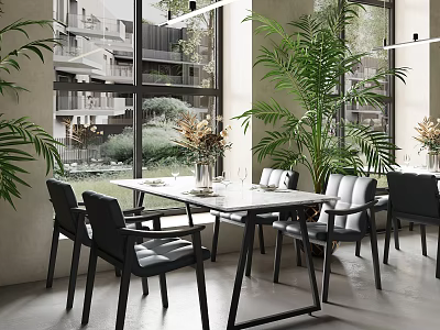 Modern Restaurant Interior With Green Plants Dining Tables And Outdoor View Through Windows 3d model