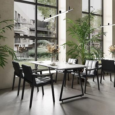 Modern Restaurant Interior With Green Plants Dining Tables And Outdoor View Through Windows 3d model