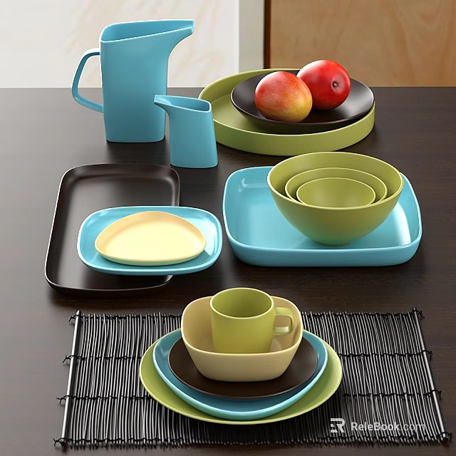 Colorful Tableware Set With Bowls Plates Trays Pitcher And Mug For Everyday Use 3d model 