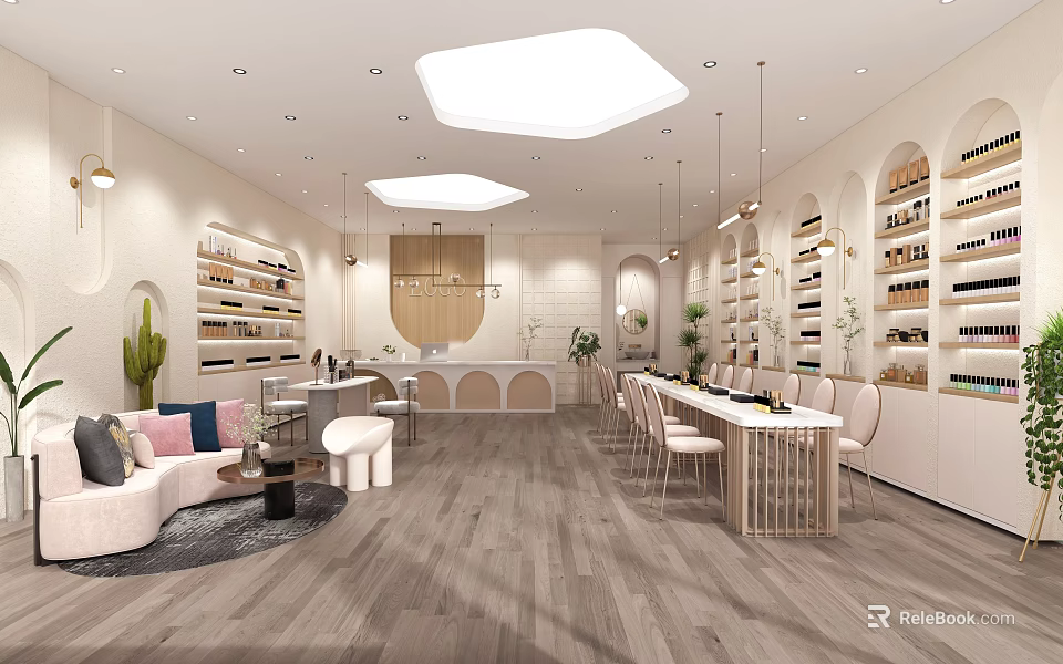 Modern Beauty and Hair Salon Interior With Comfortable Seats and Product Displays 3d model 