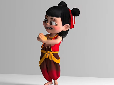 Animated Game Movie Character With Double Buns Red Ribbon Red Yellow Outfit And Playful Expression 3d model