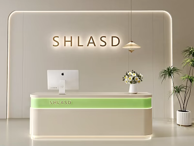Modern Reception Desk With SHLASD Logo Apple Computer Green Accent Strip Flower Vase And Potted Plant 3d model