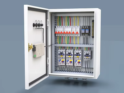 Industrial Electrical Control Cabinet with Multiple Circuit Breakers and Organized Wiring System 3d model