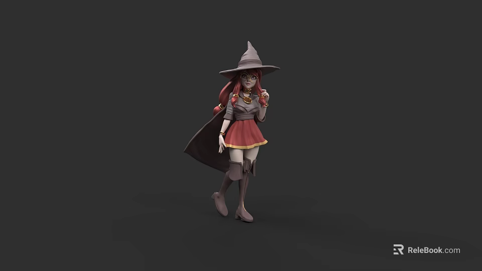 Witch Character With Red Hair Gray Hat Cloak And Small Fox Creature 3d model 