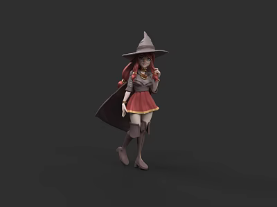 Witch Character With Red Hair Gray Hat Cloak And Small Fox Creature 3d model
