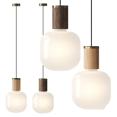 Modern Pendant Lights with Wooden Tops and White Shades Three Hanging Ceiling Lamps 3d model
