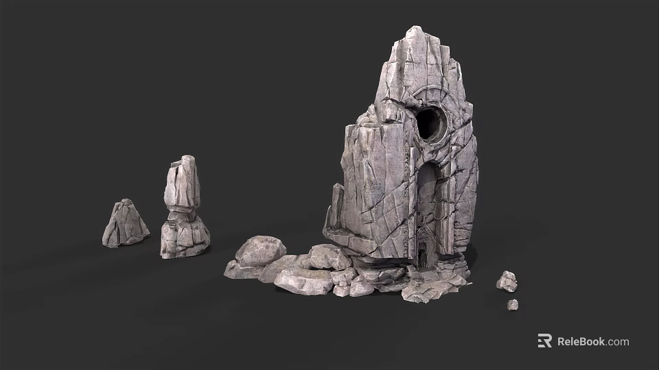 Stone Wood Structure with Carved Door and Natural Textured Surfaces 3d model 
