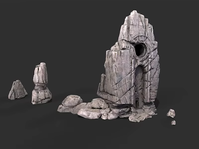 Stone Wood Structure with Carved Door and Natural Textured Surfaces 3d model