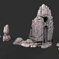 Stone Wood Structure with Carved Door and Natural Textured Surfaces