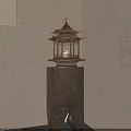 Chinese Pagoda Design Table Lamp With Metal Frame Glass Shade Wooden Base And Beige Wall
