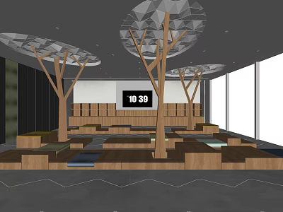 Children's Play Area With Tree Like Decorations Wooden Platforms Digital Clock And Open Space 3d model