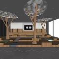 Children's Play Area With Tree Like Decorations Wooden Platforms Digital Clock And Open Space