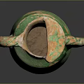 Ancient Carved Green Glazed Ceramic Sculpture With Twisted Handles And Weathered Surface
