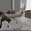 Curved Sofa Coffee Table Combination With Accent Armchair Decorative Pillows Throw Blanket And Green Plant