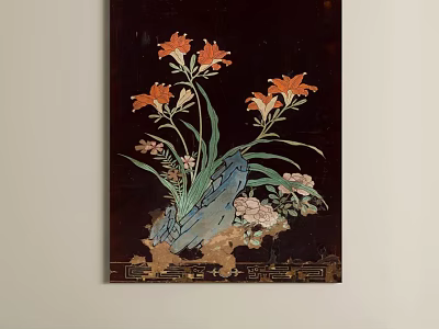 Oil Painting with Orange Lilies Blue Stone Pink Flowers Black Background and Golden Decorative Border 3d model