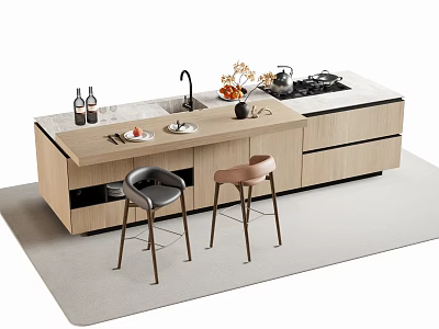 Modern Kitchen Bar Counter With Wooden Countertop Sink Stove Wine Bottles And Bar Stools 3d model