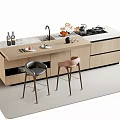 Modern Kitchen Bar Counter With Wooden Countertop Sink Stove Wine Bottles And Bar Stools