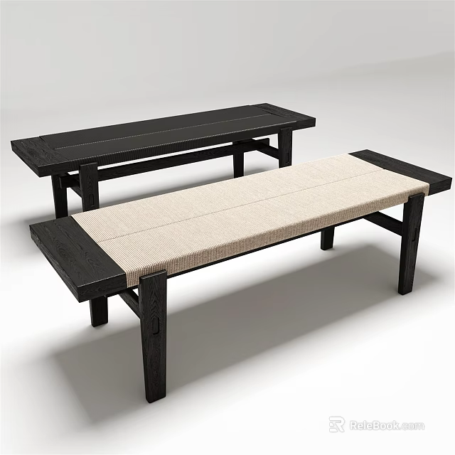 Public Bench With Black Frame And Beige Cushion Wooden Structure For Simple Public Space Design 3d model 