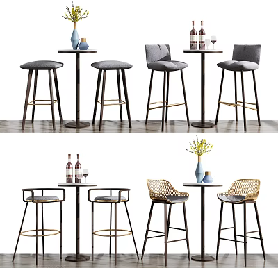 Modern Bar Counter With Various Stools Wine Bottles Wine Glasses And Vase 3d model