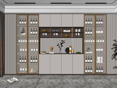 Elegant Modern Wine Cabinet Interior With Multiple Bottles And Decorative Items 3d model