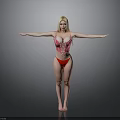 Blonde Woman In Red Striped Bodysuit And Red Bikini With Arms Outstretched Against Gray Background
