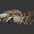 Vintage White Beetle Car Decorated With Pink Red Flowers Wooden Table Red Pots And Easel
