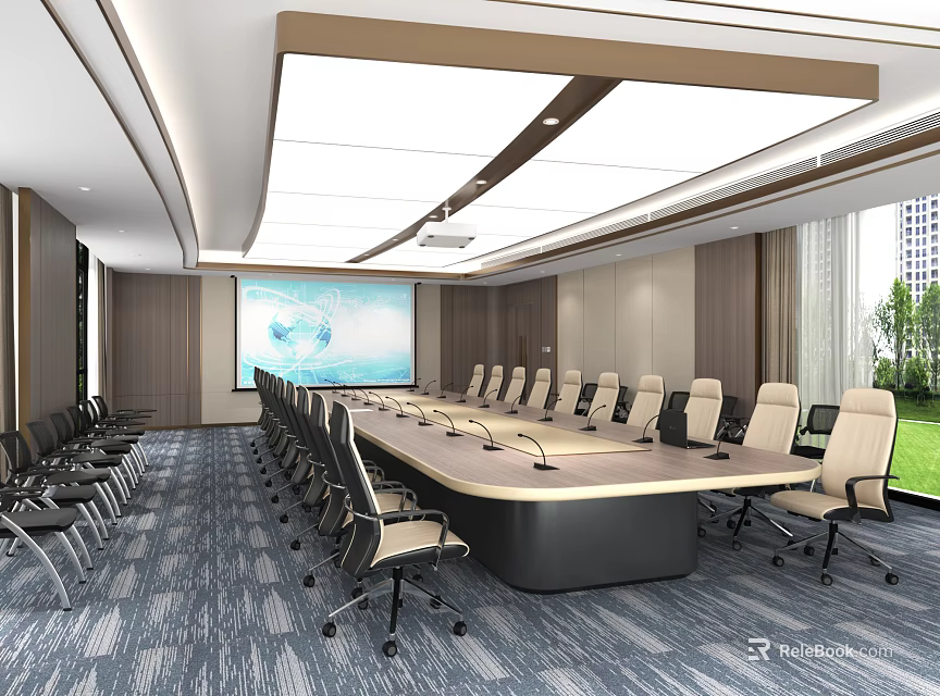 Modern Conference Room With Table Chairs Projector Screen And Natural Light 3d model