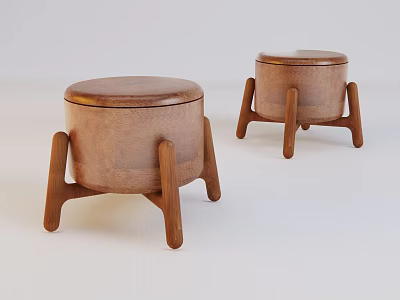 Two Wooden Stools With Round Seat And Curved Legs Design 3d model