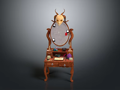 Wooden Dressing Table With Ornate Mirror And Toiletries Accessories On Top 3d model
