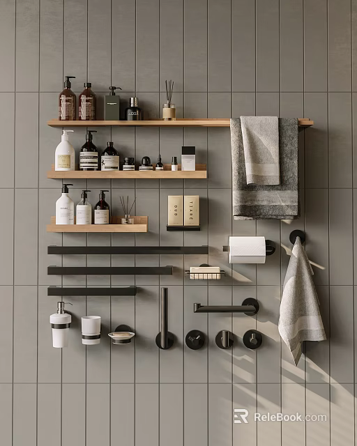 Modern Bathroom Accessories With Wooden Shelves Towels And Toiletries On Gray Tiled Wall 3d model 