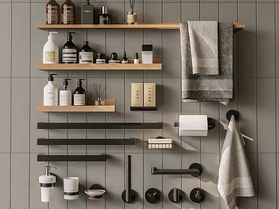 Modern Bathroom Accessories With Wooden Shelves Towels And Toiletries On Gray Tiled Wall 3d model