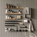 Modern Bathroom Accessories With Wooden Shelves Towels And Toiletries On Gray Tiled Wall