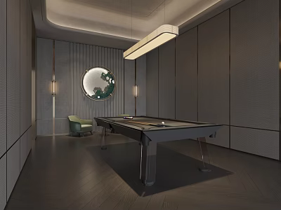 Modern Billiard Room Interior With Pool Table Hanging Light And Round Mirror 3d model