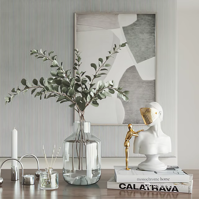 Home Decorative Ornament Set With Green Plant Clear Vase White Bust Sculpture And Wall Art 3d model 