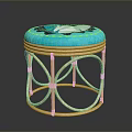 Blue Cushioned Rattan Stool With Round Frame And Curved Legs Design