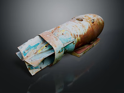 Rusty Old Weapon With Tail Fins And Peeling Paint On Display Stand 3d model