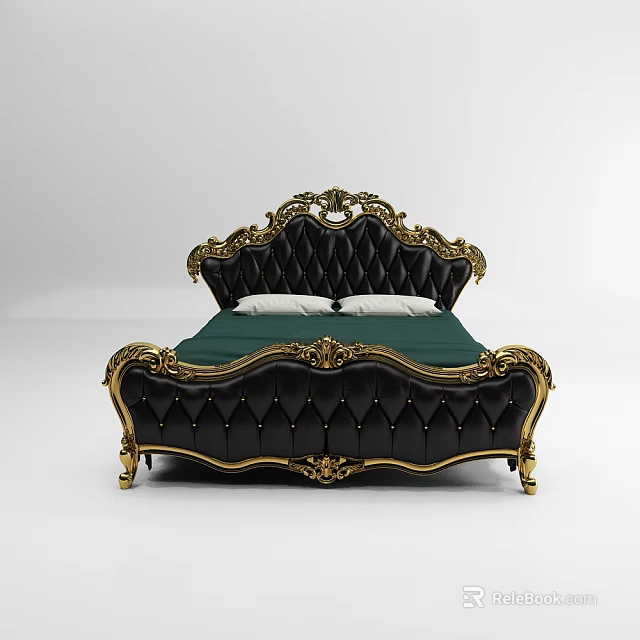 Elegant Black Double Bed With Gold Ornate Carvings Diamond Tufted Headboard And Green Bed Sheet 3d model 