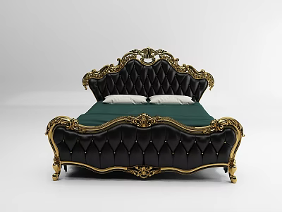 Elegant Black Double Bed With Gold Ornate Carvings Diamond Tufted Headboard And Green Bed Sheet 3d model