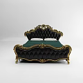 Elegant Black Double Bed With Gold Ornate Carvings Diamond Tufted Headboard And Green Bed Sheet