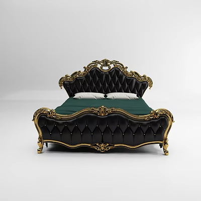 Elegant Black Double Bed With Gold Ornate Carvings Diamond Tufted Headboard And Green Bed Sheet 3d model