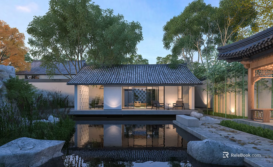 Serene Traditional Chinese Garden Landscape With Pond Reflection Trees Stones And Pavilion 3d model 