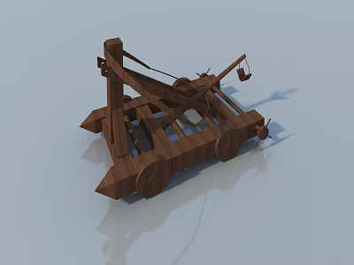 Ancient Wooden Catapult Model With Wheels And Lever Structure On Blue Background 3d model