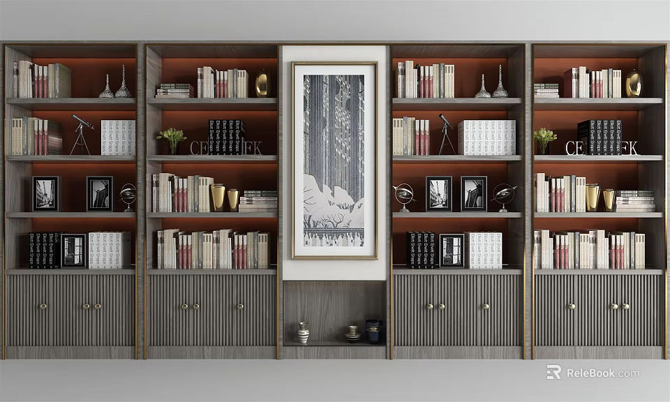 Elegant Modern Bookcase With Multiple Shelves Books Artwork Cabinets And Decorative Items 3d model