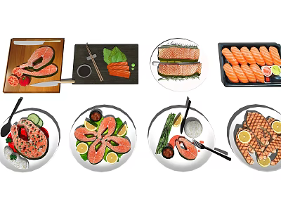 Assorted Salmon Dishes Sliced And Grilled With Lemon Vegetables On Plates 3d model