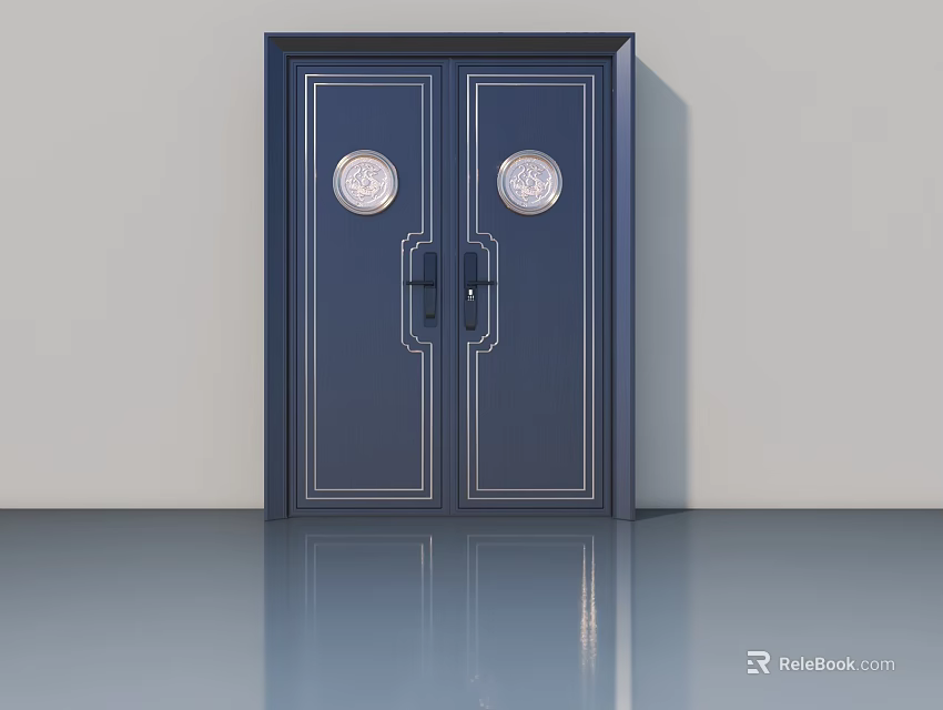 Dark Blue Double Swing Doors With Circular Decorations And White Trim 3d model 