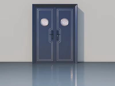 Dark Blue Double Swing Doors With Circular Decorations And White Trim 3d model