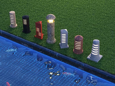Various Designed Outdoor Lights by Poolside on Green Grass for Garden Landscape 3d model