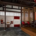Traditional Chinese Hall Interior With Deshou Tang Plaque Red Couplets And Hanging Painting