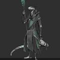 Lizard Folk Character In Fantasy Robed Attire Holding Green Staff Standing Pose