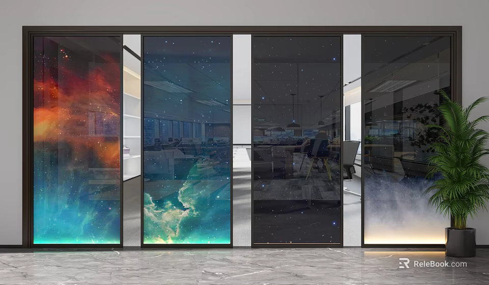 Modern Office Interior With Glass Partition Featuring Starry Sky Pattern Design 3d model 